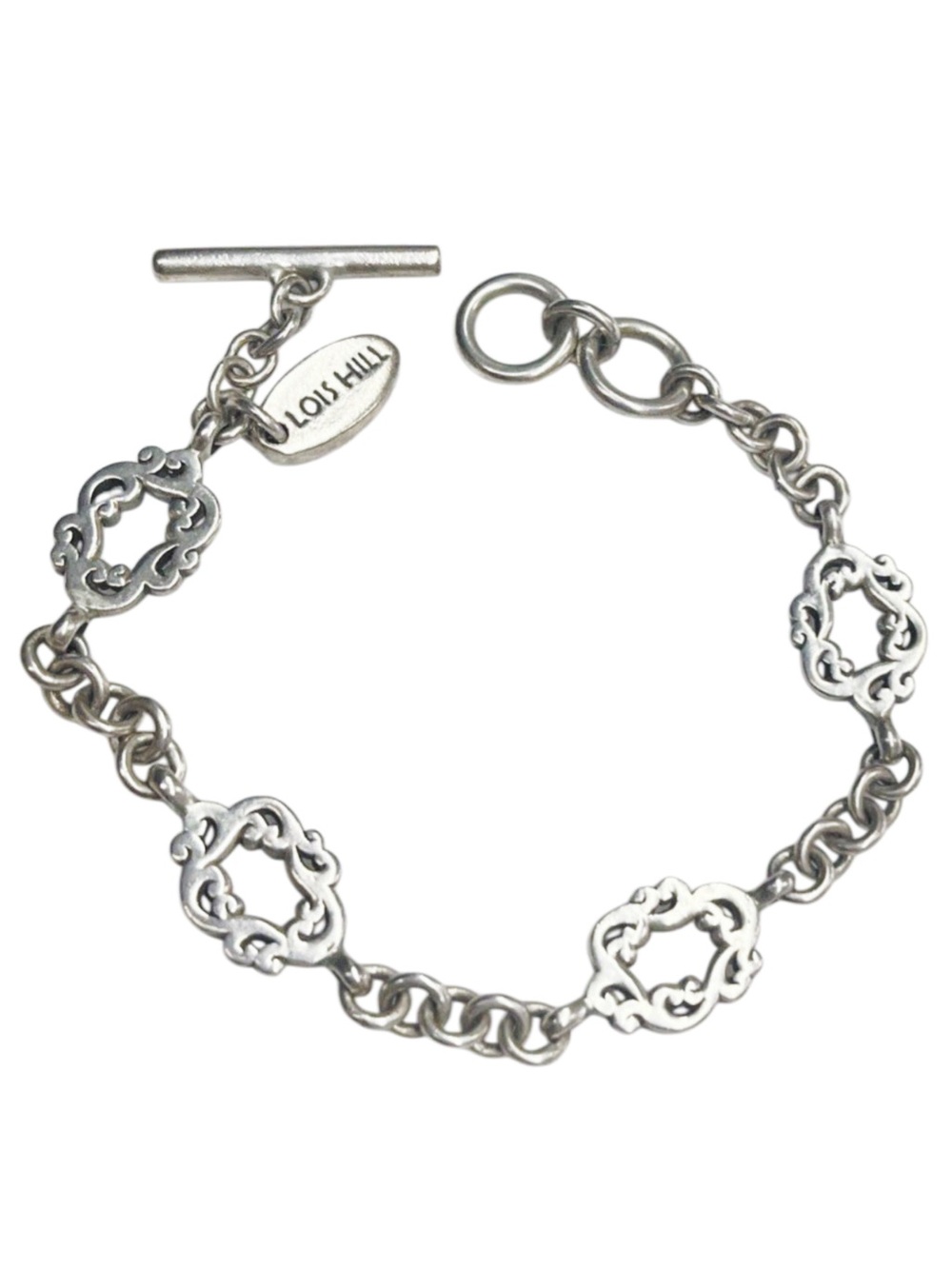 LOIS HILL Sterling Silver Open Link Bracelet w Scroll Cutout Design Toggle Clasp